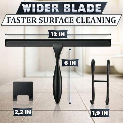 Image of Shower Door Squeegee with Hook - 12 inch Silicone Blade, Stainless Steel Black Squeegee for Shower Glass with Adhesive Mount - All-Purpose Bathroom Tile, Mirror, & Window Wiper for Streak-Free Cleaning