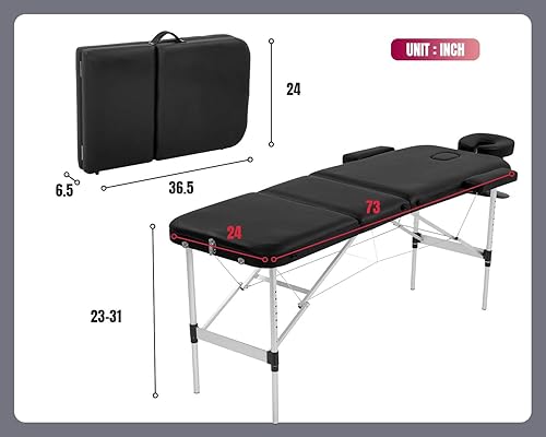 Miniatura 6 de BestMassage Cama de masaje de aluminio portátil mesa de masaje de 24 pulgadas de ancho cama de pestañas altura ajustable 3 plegable con bolsa no