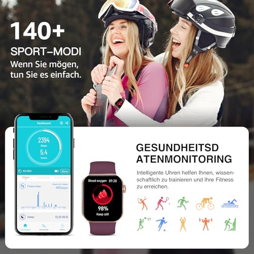 Smartwatch Damen Herren, 1,85 HD-Display Smart Watch mit Telefonfunktion, 140+ Sportmodi Fitness Tracker mit Herzfrequenz SpO2 Schlafmonitor Schrittzähler, IP68 Wasserdicht Fitnessuhr für iOS Android