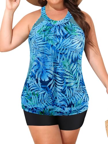 Women Plus Size Tankini Swimsuits with Shorts Tummy Control Two Piece Blouson Bathing Suits High Neck Swimwear