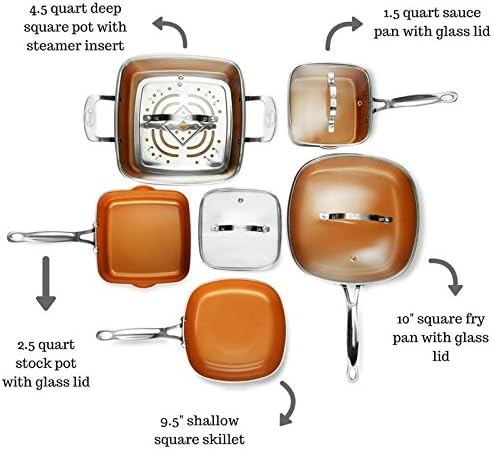 Gotham Steel 10-Piece Square Kitchen Set with Non-Stick Ti-Cerama Coating– 25% More Cooking Space than Round - Includes Skillets, Fry Pans, Stock Pots and Steamer, As Seen on TV - Graphite