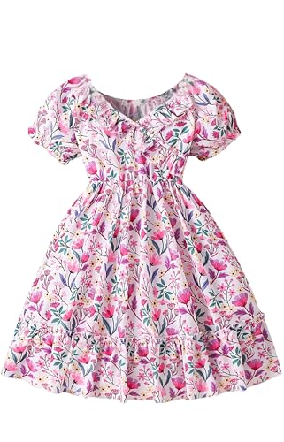 Image of Girl's Rayon Fabric V Neck Short Sleeve Flower Printed Knee-Length Dress for Summer Picnics & Daily Outings