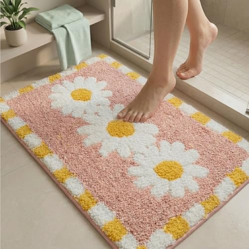 Image of Dream Weaverz 2000 GSM Super Soft Microfiber Bath Mat 40x60 cm | Ultra Absorbent Anti-Skid Quick Dry Bathroom Rug | Floor Mat for Bathroom, Bedroom, Kitchen, Home | Cute Design Bathmat (Peach Flower)