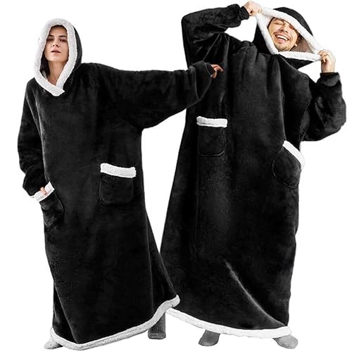 One Piece Extra Long Hoodie Blanket for Women and Men 3XL, Oversized Fleece Wearable Sweatshirt for Adult, Super Warm Sherpa Hoodie, One Size XXXL - F. Black