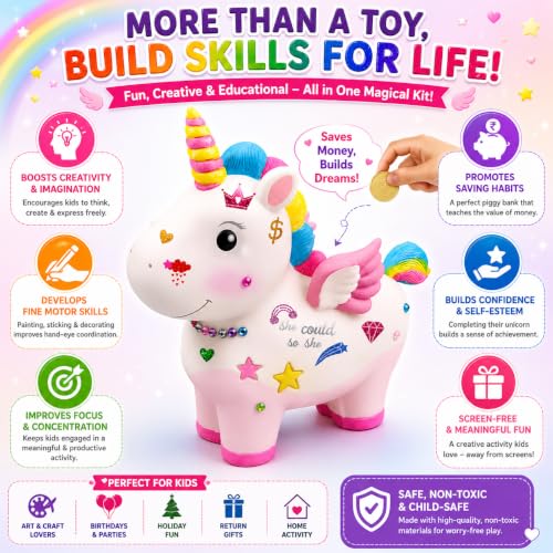 Image of PLUSPOINT DIY Unicorn Coin Bank Painting Kit for Kids Ages 5+ Paint Your Own Piggy Bank Craft Set with 6 Paints, 12 Magic Floating Pens, Metallic Foil Sheets, Stickers, Gems & Glitter, Creative Gift