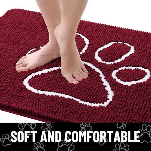 Image of Smiry Dog Door Mat for Muddy Paws, Absorbent Dirt Trapper Non Slip Quick Dry Washable Chenille Mat for Mud Dogs, Entry Rug for Indoor and Outdoor (47x24 Inches, Burgundy and White)