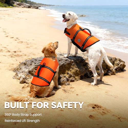 VIVAGLORY Rip Stop Schwimmweste Hund, Hundeschwimmweste, Schwimmhilfe & Auftrieb, Rettungsweste Hund für Bootfahren, S, Neon-Orange