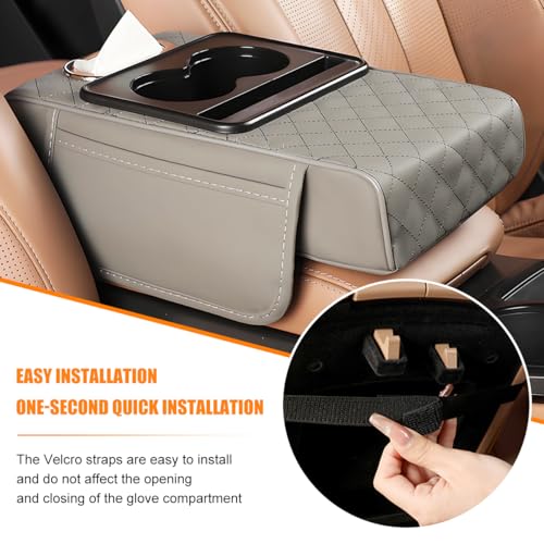 Image of Car Armrest Cushion, 5-in-1 Nappa Leather Vehicle Centre Console Cover with 2 Storage Pockets, Cup Phone & Phone Holder, Multifunctional Auto Organiser Accessories, Universal Fit (Gray)