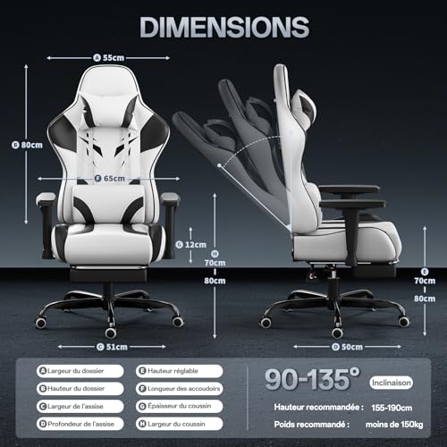 JUMMICO Chaise de Gaming avec Accoudoirs Réglables, Chaise de Bureau Érgonomique avec Repose-Pieds, Chaise Gamer avec Capacité de Charge 150 kg, Blanc – Image 4