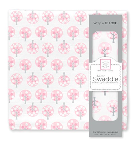 Image of SwaddleDesigns Cotton Muslin Swaddle Blanket, Receiving Blanket for Boys & Girls, Best Shower Gift, 46x46 inches, Pink Cherry Trees