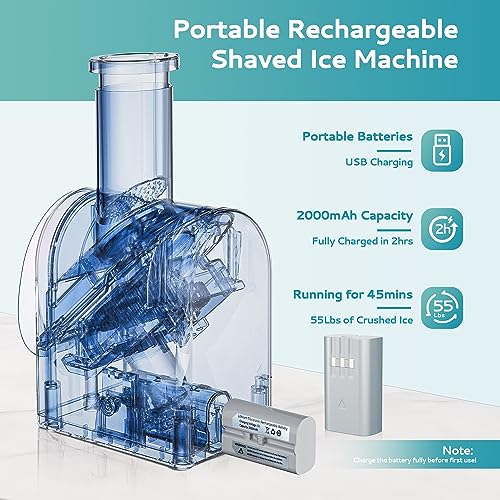 Image of EUHOMY Shaved Ice Machine with Batteries, USB Rechargeable, Crushed Ice in 3s, 45 lbs in 40 Mins, Dual Steel Blades, Easy-to-Clean, Snow Cone Maker with Scraper, for Home /Kitchen /Camping. (White)