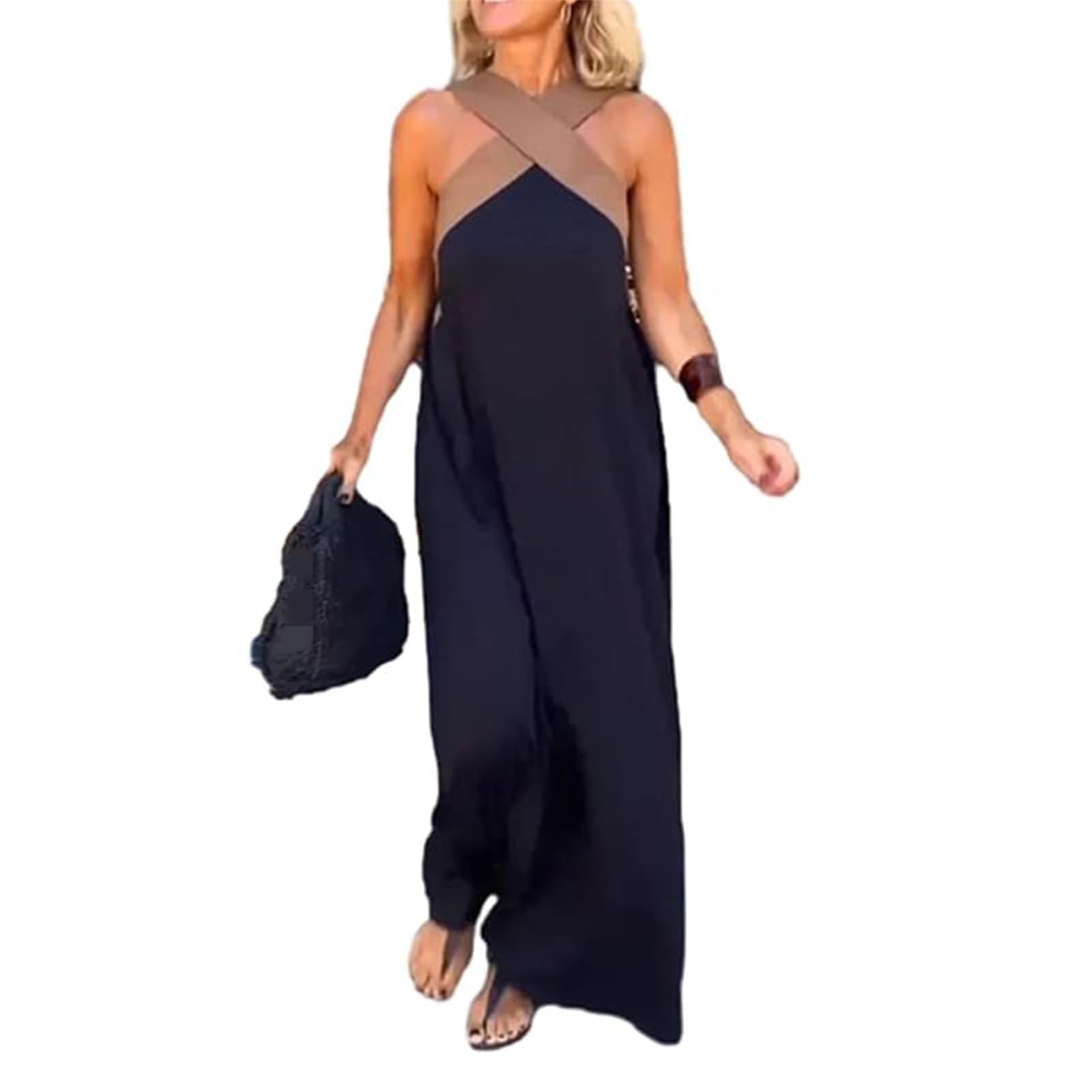 cexoo Women's Cross Halter Neck Sleeveless Stitching Dress, Summer Criss Cross Halter Maxi Dresses for Women with Pockets