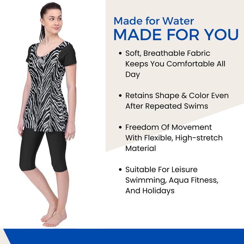 Image of Originals Swimming Costume for Women's One-Piece Beach Wear with Sleeve & Skirted 3 /4 Leggings Maximum Covered Swim Wear Dress (L - 7XL)