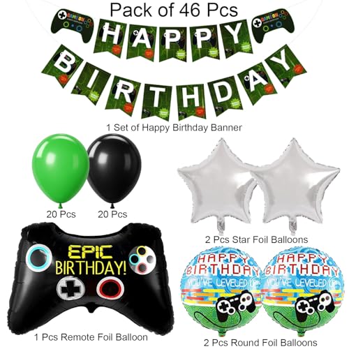Image of Rozi Decoration Gaming Birthday Party Decorations, 46 Pieces, Black and Green Balloons, Happy Birthday Banner, Game Controller Foil Balloons, Video Game Theme