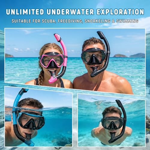 Equipo de snorkel para adultos, máscara de buceo con vidrio templado, snorkel con tapa seca, falda de silicona ajustable, tamaño mediano grande, antiempañante y a prueba de fugas, con bolsa de malla miniatura 7