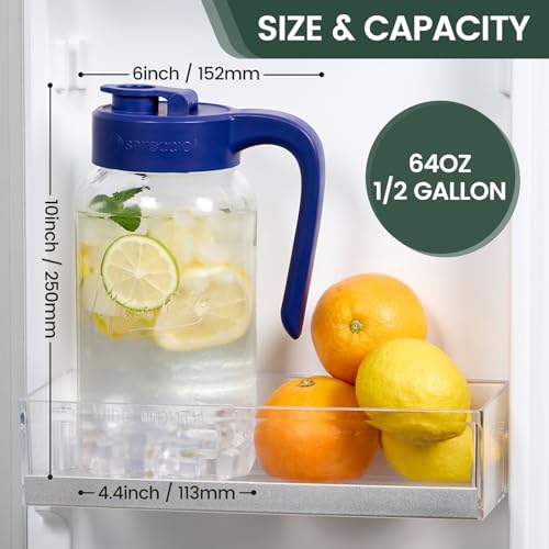 Image of Mason Jar Pitcher, 2 pcs 64 oz (2 quart), Glass Pitcher with Lid | Airtight, Leak proof, Ergonomic Handle, Pour Spout Lid, Fridge Safe, for Sun Tea, Iced Tea, Cold Brew, Lemonade, Outside