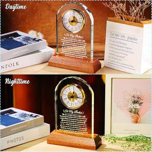 Image of Arikyrist Gifts for Brother from Brothers Sisters Meaningful Glass Clock Brother Birthday Gift with Wooden Light Base Crystal Keepsake for Fathers Day Christmas Graduation Presents for Best Brothers