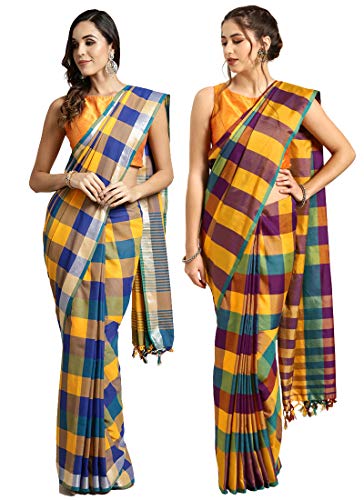 Alyaka Multicolor Women's Cotton Silk Blend Checked Woven Pack Of 2 Saree With Blouse Piece_(DF) Upda-Rama-Yellow_Alfa-Yellow