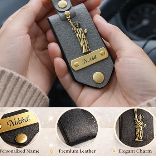 Image of Personalised Leather Keychain with Custom Name & Charm, Unisex, Modern Style, Customisable