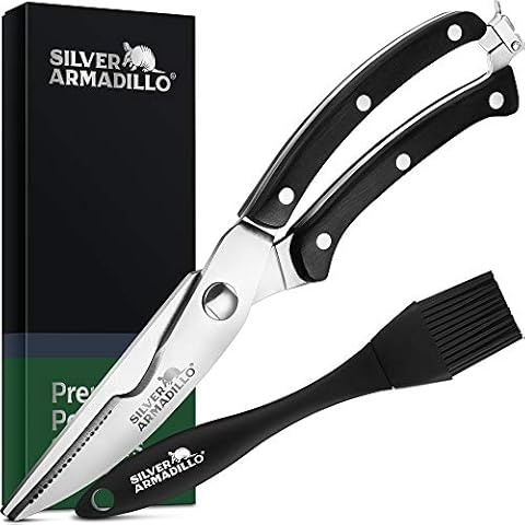 Heavy Duty Stainless Steel Poultry Shears For Bone, Chicken, Meat, Fish, Seafood, Vegetables. Premium Spring Loaded Food Scissors. One piece Kitchen Shears. (Black Wooden Handles) Cover