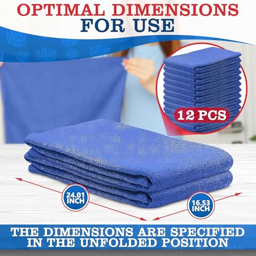 12Pcs Blue Cotton Towels for Cleaning - Washable Rags, Reusable, Super Absorbent, 24 x 16.5 in
