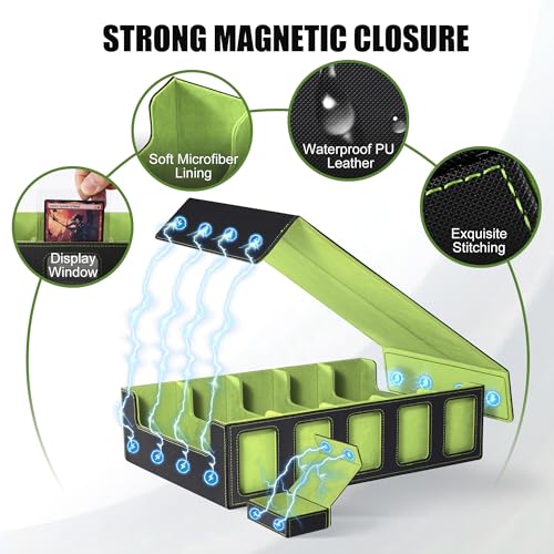 Image of Kabinka Card Storage Box with Commander Display, 5-Row Deck Case with Removable Lid; 3900+ Card Deck Box for MTG Sports Cards, 5 Top Loaders, 5 Stoppers, 48 Dividers,1 Dice Tray (Black & Lemon Green)