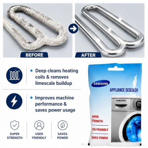 Image of Washing Machine Descaler Compatible with Samsung Washing Machines | Drum Cleaner Powder for Front Load & Top Load | Removes Limescale, Dirt & Odour | Pack of 10 (100g Each)