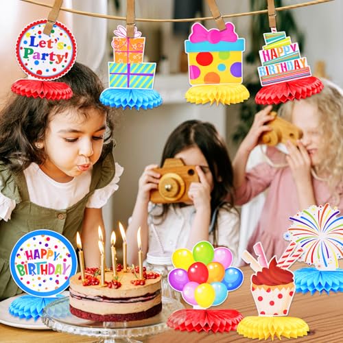Image of 9 Pieces Birthday Honeycomb Centerpieces Table Decor, Colorful Cake Balloon Gift Box Happy Festive Pattern Table Topper Ornaments Signs, Fun Birthday Party Decorations