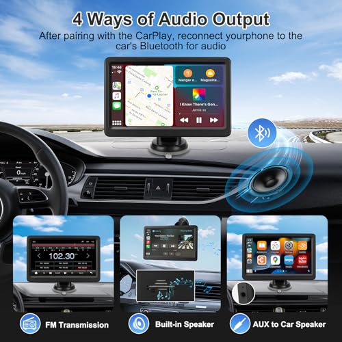 Image of Carplay Screen for Car, 7 inch Wireless Carplay & Android Auto, Portable HD Touchscreen with Mirror Link, GPS Navigation, Voice Control, Hands-Free Calling, Bluetooth /AUX /FM, Plug & Play Car Play Screen