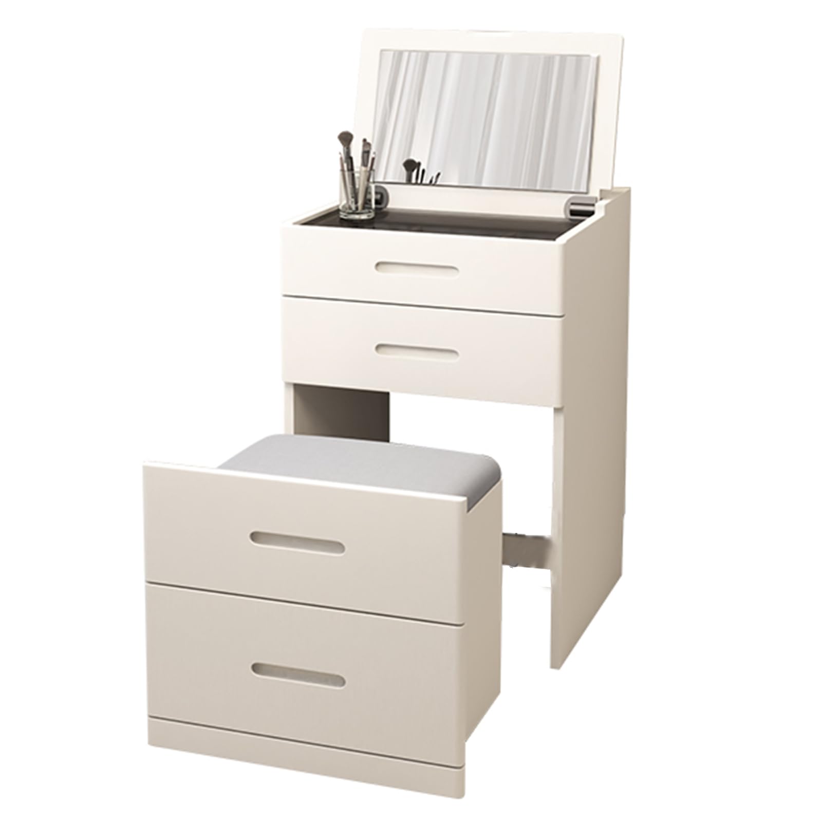 Schminktisch-Set aus weißem Gummibaumholz mit Klappspiegel, Schminkhocker und 2 Schubladen – Stauraum für Schlafzimmer, Wohnzimmer, Büro, Schreibtisch/Nachttisch (S-48cm)
