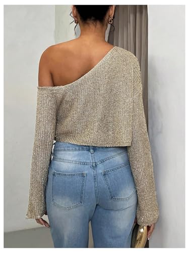 MakeMeChic Women's Off The Shoulder Sweater Sequin Sparkly Long Sleeve Party Crop Pullover Tops3