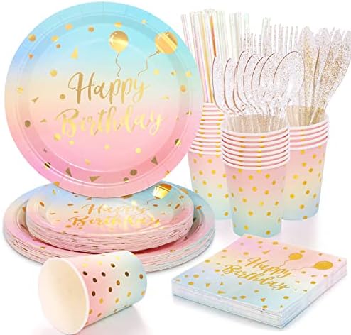200 Pcs Pastel Party Supplies Birthday Party Plates and Napkins Sets,disposable dinnerware set-Rainbow Paper Plate Napkin Cup and Straws,forks,Knives,spoons for Birthday Baby Shower Party Decorations