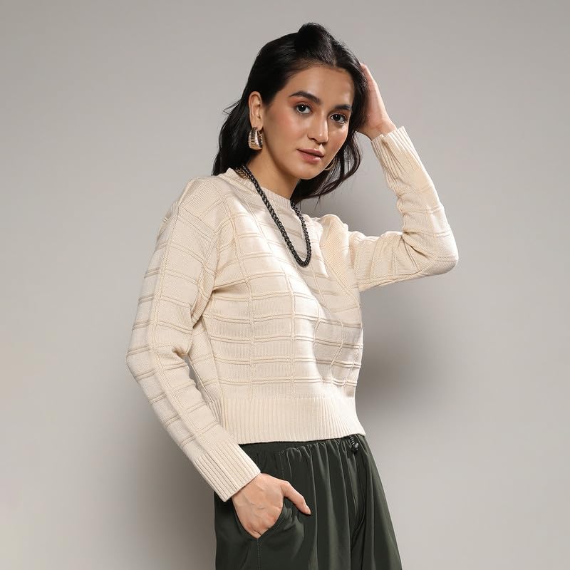 Image of PINACOLADA Women's Geometric-Textured Pullover Sweater for Casual Wear | Crew Neck | Long Sleeves | Pull On Closure | Sweater Crafted with Comfort Fit for Everyday Wear