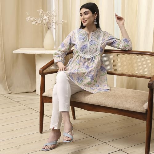 Image of BIBA Women Cotton Straight Fit A Line Printed Kurti
