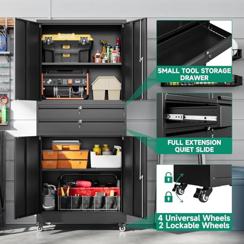 Image of Letaya Metal Garage Storage Cabinet with Wheels,Rolling Tool Cabinet with 4 Door Lock-Adjustable Shelves and 2 Drawer for Garage Home Office Utility Room (Black with Wheels)