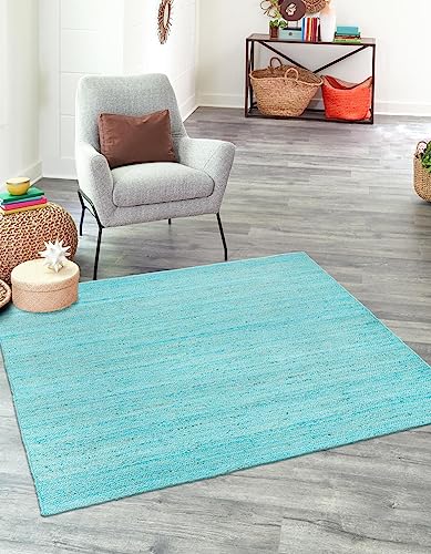 Image of Unique Loom Braided Jute Collection Area Rug - Dhaka (8' Square, Turquoise)