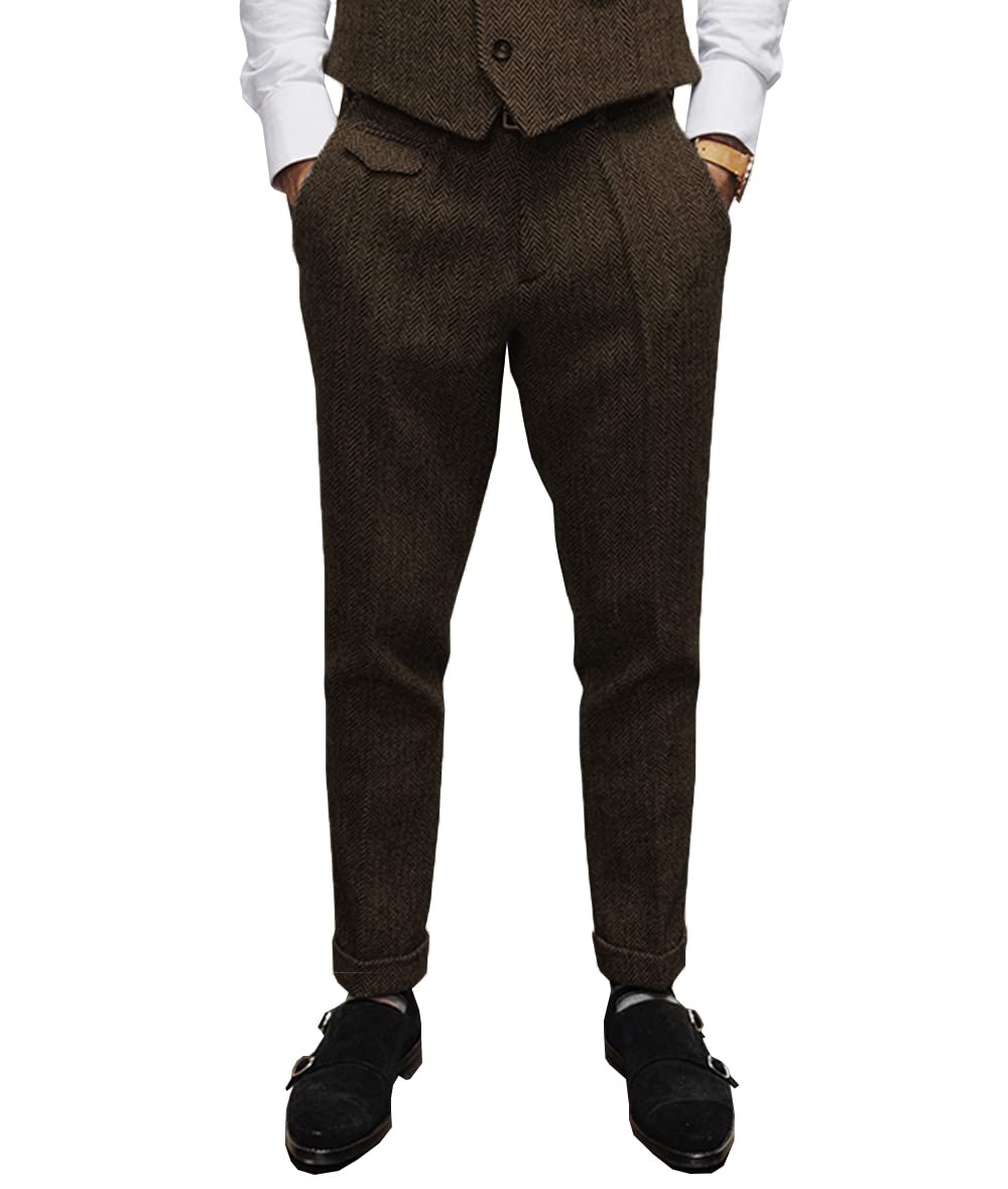 Pantalon de costume rétro pour homme en laine tweed avec devant plat à chevrons