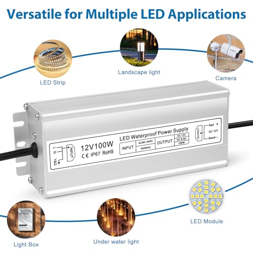 Image of LED Driver 100W 12V Power Supply, IP67 Waterproof Low Voltage Transformer, AC 90-265V to DC 12V 8.5A Converter for Outdoor Landscape Lighting and LED Strip Lights, with 3-Prong Plug 3.3 Feet Cable