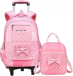 Mochila de Rodinhas Infantil Feminina Borboletas para Meninas da Escola Primária com Alças Duplas (Rosa)