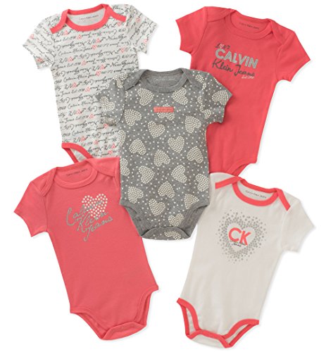 Calvin Klein Baby Girls 5 Pieces Pack Bodysuits, Coral/Rose/Gray/Vanilla, 3-6 Months