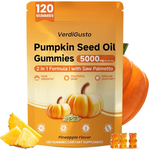 120 Count Pumpkin Seed Oil Gummies with Saw Palmetto | 5 000 mg Cold-Pressed Extract | Sugar-Free Pineapple Flavor | Supports Hair Skin & Prostate Health | Pumpkin Seed Oil Supplement for Men & Women