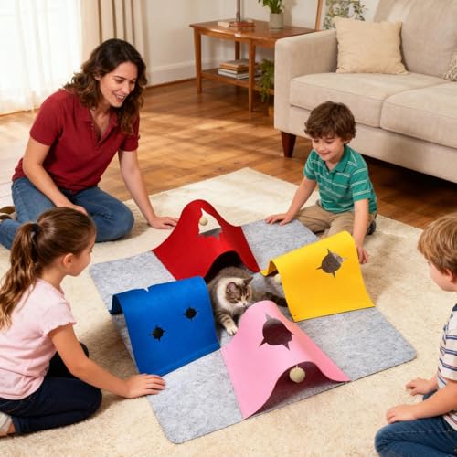 猫プレイマット | 4-in-1 トンネル子猫マット |折りたたみ式インタラクティブペットアクティビティラグ、のぞき穴付きソフトスクラッチマット、屋内屋外寝室リビングルームエクササイズ旅行退屈解消のための強化おもちゃ
