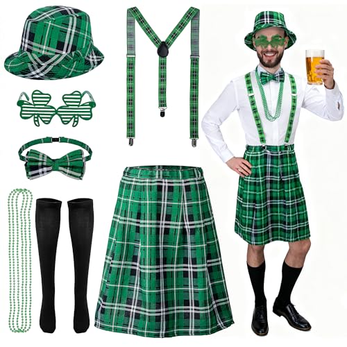 Mizelu 7 Pcs St. Patrick's Day Plaid Kilt Costume Set, Irish Green Plaid Kilt Suspenders Kit Includes Bucket Hat Bow Tie Glasses Socks Beads for St. Patrick Day Party Decor Outfit Accessories