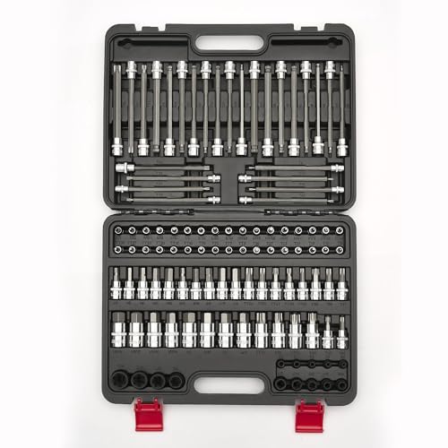 107-Piece Master Torx & Allen Bit Socket Set, S2 Steel, 1/4" 3/8" 1/2" Drive, Long Torx, Ball End Hex, Tamper-Resistant Star, E-Star Sockets, SAE & Metric (Chrome-Polished Set)