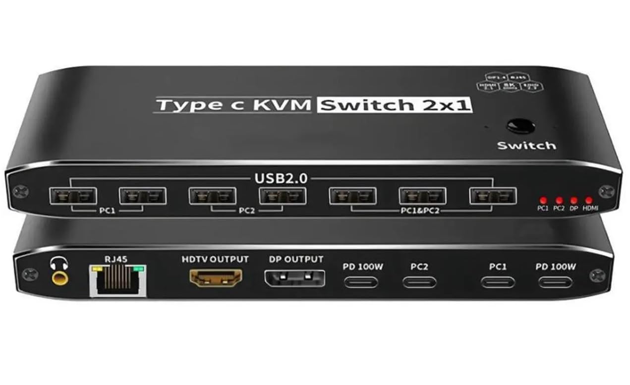 atdaraz USB C Switch 8K 2 in 1 Out HDMI Switcher Support 8K 60Hz 4K 120Hz HDCP 2.3 Ultra HD 3D For 2PC Share 1 Monitor and One Keyboard Mouse and 5 USB2.0 Port, 3.5mm Audio, RJ45 Network-image-26