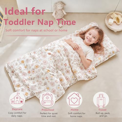 Image of Toddler Nap Mat with Removable Pillow,Ultra Soft Slumber Bags for Girls,Kids Sleeping Bags with Roll Up Design, Perfect for Preschool,Daycare,Kindergarten