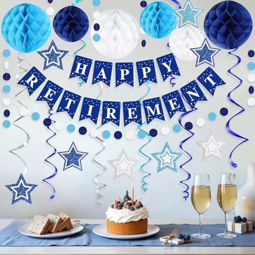 Image of Happy Retirement Party Decorations for Men Women Blue Silver Happy Retirement Banner Honeycomb Balls Pentagram Hanging Swirl Streamers Circle Dots Garland