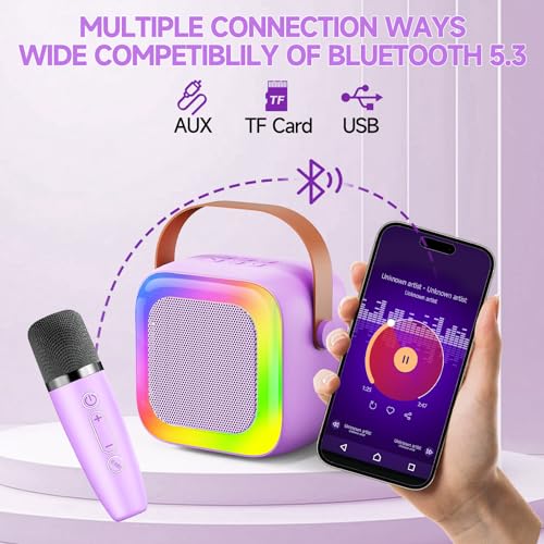 Image of Mini Karaoke Machine for Kids Teen Adults, Kids Karaoke Machine with 2 Wireless Microphones and LED Lights Toys for Party, Home, Gifts for 4 5 6 7 8 9 10 11 12+ Years Girls Boys(Purple)