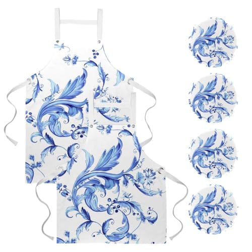 Tablier de serveuse pour cuisine et bistrot au motif baroque bleu et multicolore