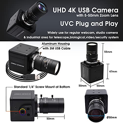 4K Uhd Usb Camera With Zoom,5-50Mm 10X Optical Zoom Lens Usb Webcam High Definition Web Camera 3840X2160@30Fps Adjustable Focal Length Camera For Tripod Mount With Sony Imx317 Sensor #TOP3